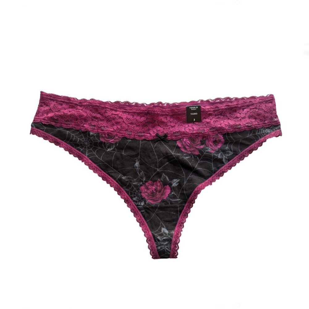 TORRID NWT Thong Panty Rosy Webs Floral Black Cotton Mid-Rise 4.7 Star Rating